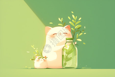 瓶子卡通猫咪和植物插画插画