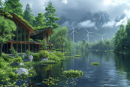 山水之间的绿色能源插画