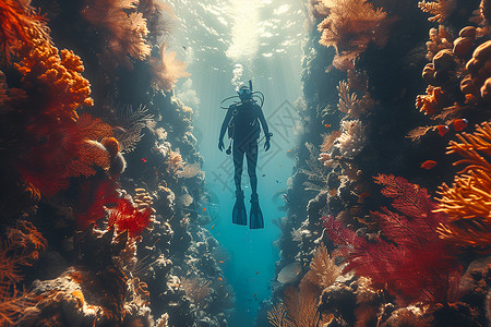 高原植被珊瑚礁中的潜水员插画
