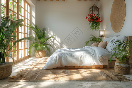 床窗户阳光里的卧室背景