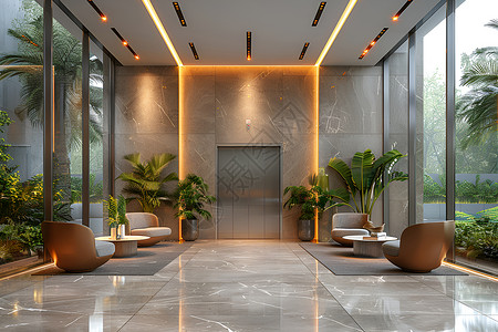 植物灯光宽敞明亮的电梯大厅背景