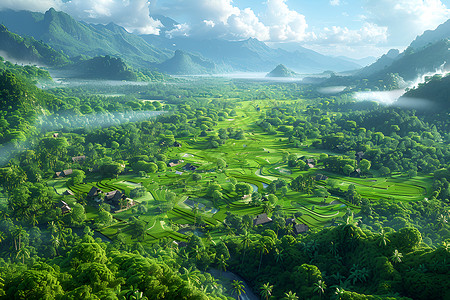 森林鸟瞰高空视角下的稻田美景插画