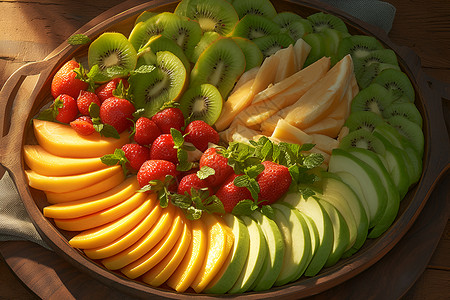 缤纷鲜果摆放整齐的水果盘背景