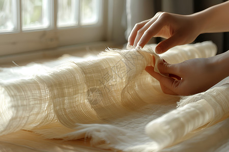 半透明白色彩带手工整理的纺织布背景