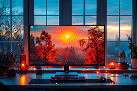 台式机显示器窗边的电脑显示器背景
