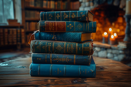 点燃的蜡烛木桌上的一堆书背景
