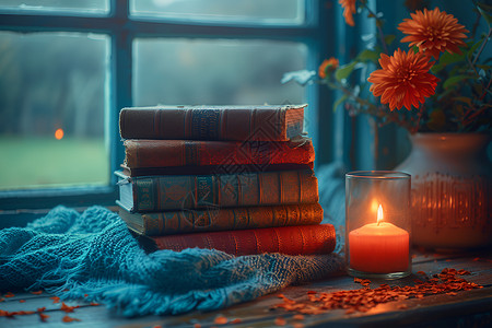 动一堆书素材窗台上有蜡烛和一堆书背景