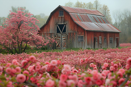 粉色花海间的木头农舍高清图片