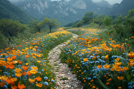 乡村小路上的花海背景图片