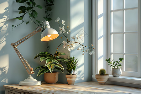 桌上的盆栽办公桌上的台灯背景