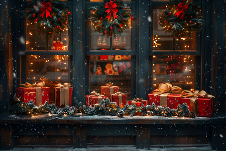 圣诞礼物素材橱窗里的圣诞礼物插画