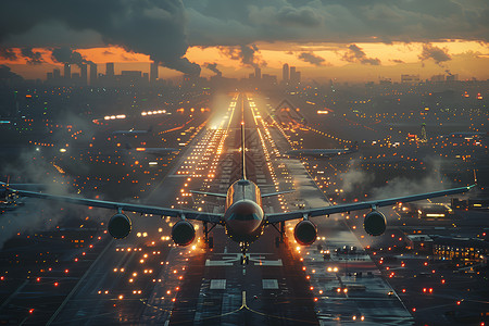 福冈机场和客机夜空中的飞机设计图片