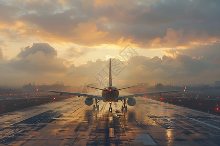 城市机场日落时分一架飞机停在机场跑道上设计图片