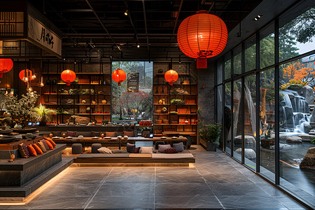 中式灯笼花纹中式餐厅的装饰背景