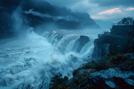长江三峡大坝上的瀑布背景图片
