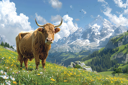 草地上的牛野花黄牛高清图片
