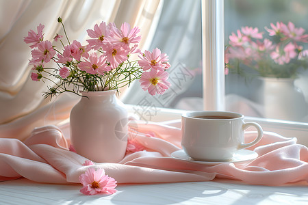 花和桌子上的咖啡杯高清图片