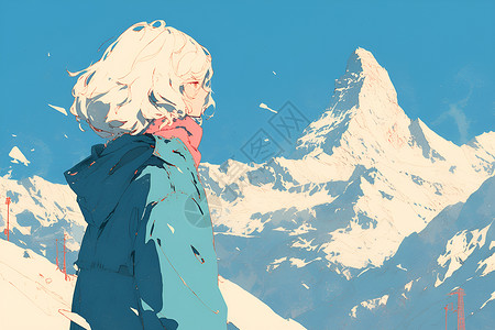 女孩欣赏雪山美景背景图片