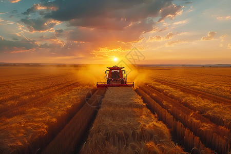 小麦收割日落时分农田的拖拉机背景