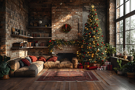 节日的装饰客厅圣诞树高清图片