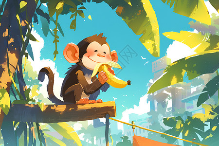 香蕉卷猴子在丛林里插画