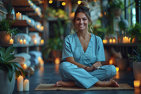 新女性中文标题蓝色制服女子独坐瑜伽垫照片中有蜡烛和植物插画