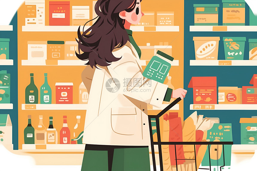 女士在超市购物的插画图片