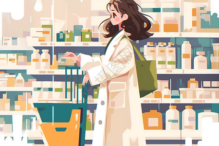 超市商品素材女士在购物插画