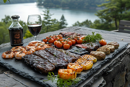 美食红酒湖畔美味烧烤背景