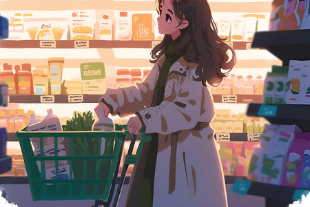 超市商品素材在购物的少女插画