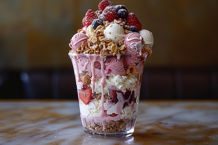 蔓越莓冰淇淋层层叠叠的冰淇淋杯背景