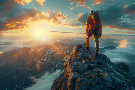 攀岩比赛山顶看日出的男人插画
