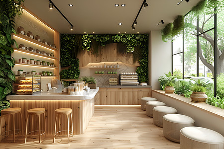 奶茶店挂满绿植高清图片