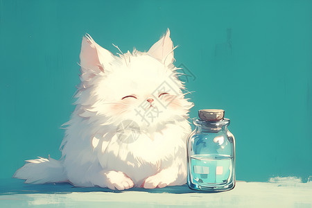 小蓝瓶白猫与蓝瓶插画
