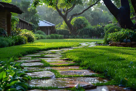 大自然环境绿意盎然的庭院风景背景