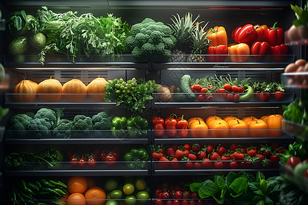 四门冰箱新鲜蔬果的海洋背景