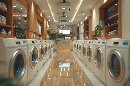 智能洗衣机干洗店内的一排洗衣机背景