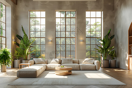 沙发与盆栽宽敞明亮的客厅背景