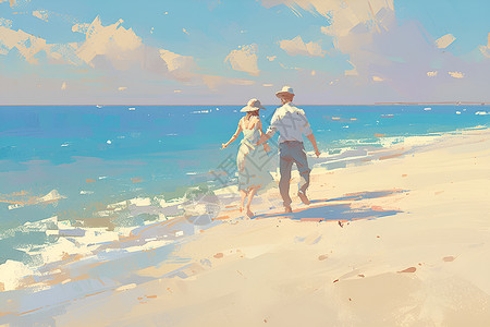 手牵手沿着水岸散步的情侣插画