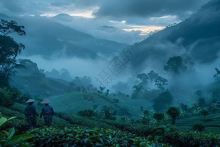 精选茶叶茶农山间夜晚劳作插画