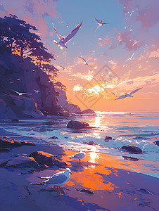 东极岛日落日落时的海岸风景插画