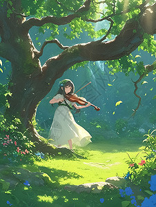 高位下拉树荫下拉小提琴的女孩插画