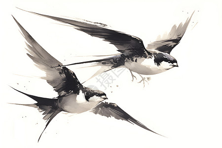 白眉姬鹟鸟类白墙上的飞燕舞动插画