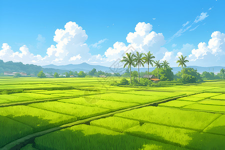 绿油油稻田茂密的绿色稻田插画