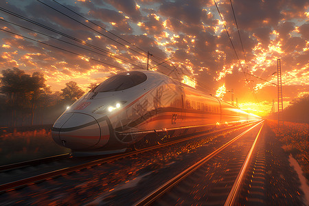 铁路道口夕阳下的高速列车设计图片