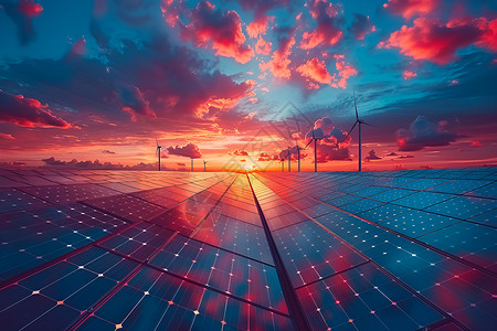 夕阳下的太阳能板背景图片