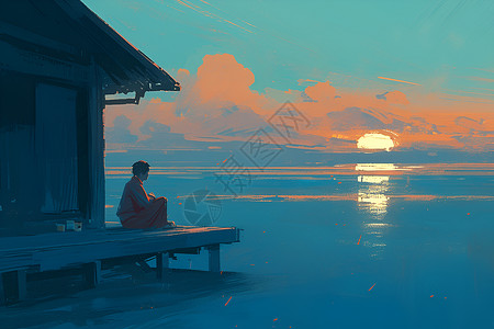 海边夕阳一人静坐在海边插画