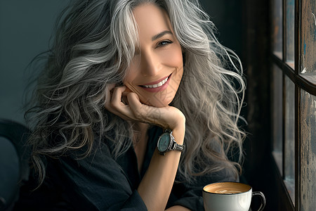 咖啡牛排银发女子在咖啡馆里喝咖啡插画