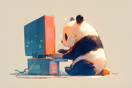电视显示器电视前的熊猫插画