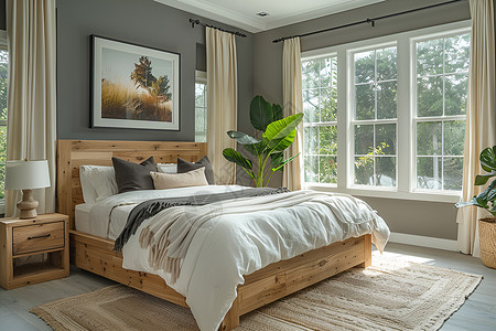 简洁的卧室被褥花枕头高清图片